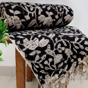 Premium Handmade Sofa Boho Bedding Throw Hand Block Print Cotton Throw Blanket Room Décor Tassels Hand Loomed Lightweight Decorative throw