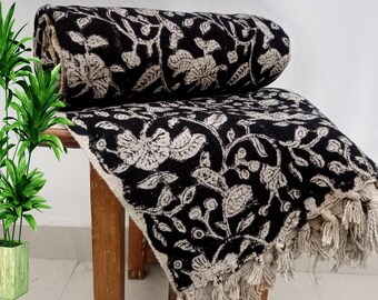 Premium Handmade Sofa Boho Bedding Throw Hand Block Print Cotton Throw Blanket Room Décor Tassels Hand Loomed Lightweight Decorative throw
