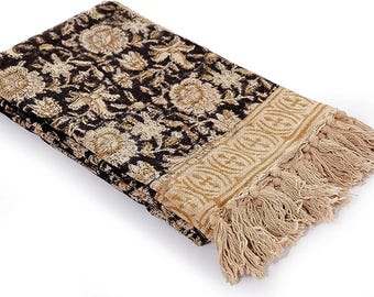 Handmade Block Print Cotton Throw Blanket, Boho Sofa Decor with Tassels