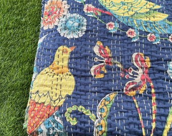 Vintage Bird Printed Kantha Quilt, Indian Bedspread, Bohemian Throw Blanket
