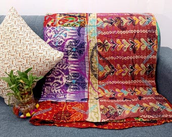 Reversible Embroidered Kantha Quilt Throw - Hand Block Print Cotton Sofa throw, Lightweight Blanket, Vintage Kantha Sofa Throw Home Decor