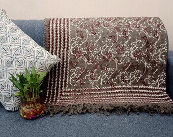 Premium Sofa Handmade Throw Hand block Print Throw Soft Boho Cotton Blanket Sofa Room Décor Tassels Hand Loomed Lightweight Decorative throw