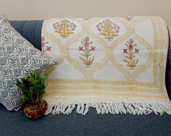 Premium Sofa Handmade Throw Hand block Print Throw Soft Boho Cotton Blanket Sofa Room Décor Tassels Hand Loomed Lightweight Decorative throw