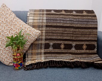 Premium Heavy work Wool Throw Blanket Brown Woven Throw Designer Decorative Throw Handmade Handwoven Sofa Throw Cottage Living Room Décor