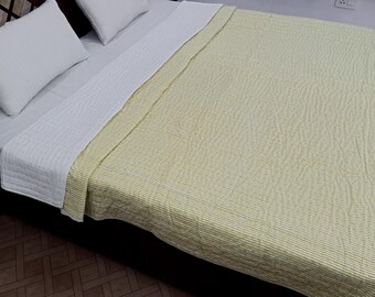Reversible Organic Cotton Kantha Quilt, Handmade Indian Solid Quilt,Soft Winter Bedding,Queen Size Blanket, Eco-Friendly Cozy Throw for Home