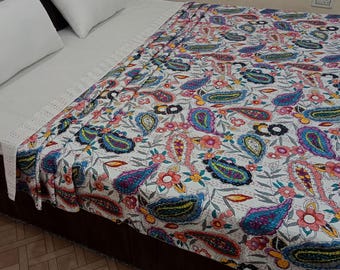 Premium Handmade Kantha Bedcover, Hand Block Floral Print Quilt Lightweight Kantha Throw, Pure Cotton Reversible Bedcover, Housewarming Gift