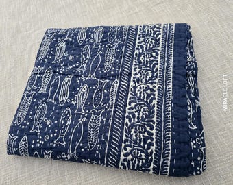 Blue Fish Kantha Quilt Throw bedspread Indian Quilt, Gift for Full Quilt Quilt Cotton, Handmade Kantha Quilt Twin Christmas