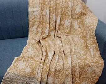 Hand Block Print Cotton Throw Blanket, Boho Tassels