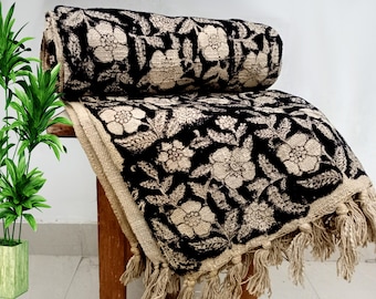 Premium Handmade Sofa Throw, Handblock Print Cotton Blanket, Lightweight Decorative Throw with Tassels, Hand Loomed for Sofa & Room Décor
