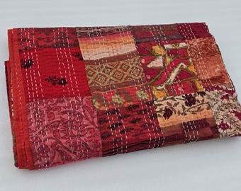 Patchwork Floral Queen Kantha Quilt: Hand-Stitched Block Print