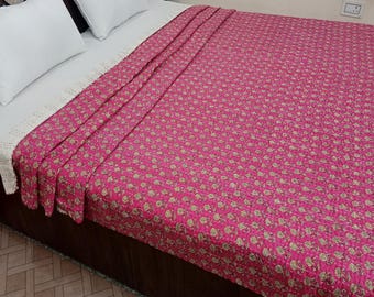 Floral Kantha Quilt Handmade Kantha Bedcover, Hand Block Floral Print Quilt Lightweight Kantha Throw, Pure Cotton Bedcover