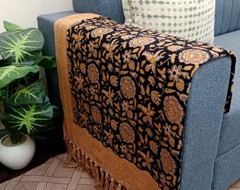 Block Print Cotton Throw Blanket | Tassel Accent Hand Loomed Lightweight Woven Decorative Throw for Sofa Room Decor | Valentine’s Day Gift