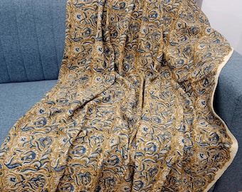 Hand Block Print Cotton Throw Blanket, Boho Tassels