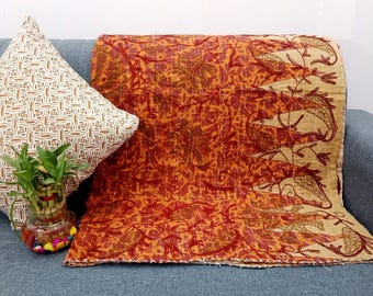 Reversible Embroidered Kantha Quilt Throw - Hand Block Print Cotton Sofa throw, Lightweight Blanket, Vintage Kantha Sofa Throw Home Decor