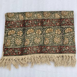 Antique Olive Green Floral Hand Block Print Cotton Sofa Throw Soft Cotton Blanket Sofa Room Décor Tassels Hand Loomed Lightweight Throw