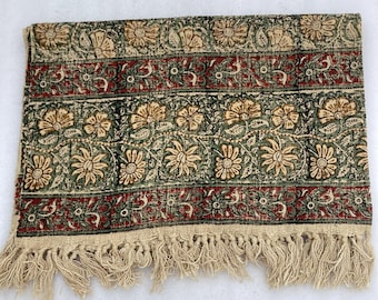 Antique Olive Green Floral Hand Block Print Cotton Sofa Throw Soft Cotton Blanket Sofa Room Décor Tassels Hand Loomed Lightweight Throw