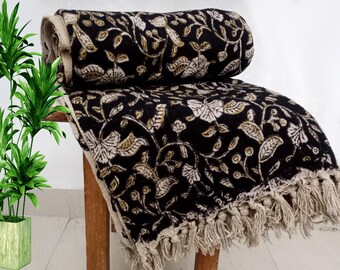 Premium Handmade Sofa Throw, Handblock Print Cotton Blanket, Lightweight Decorative Throw with Tassels, Hand Loomed for Sofa & Room Décor