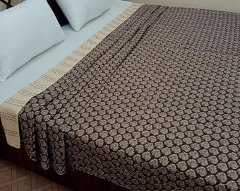 Chocolate Brown Kantha Bedcover Bedding Quilt Hand Block Floral Design Handblock Floral Print Kantha Throw Quilt Light Weight Block print