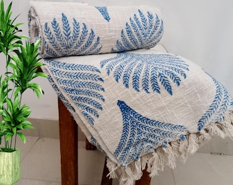 Sofa Throw Handmade Throw Handblock Print Throw Cotton Throw Blanket Sofa Room Décor Tassels Hand Loomed Lightweight Decorative throw