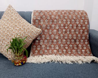 Premium Handmade Sofa Throw, Handblock Print Cotton Blanket, Lightweight Decorative Throw with Tassels, Hand Loomed for Sofa & Room Décor