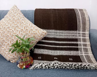 Dark Brown Wool Throw Blanket Handwoven Wool Throw, Designer Decorative Sofa Throw, Handmade Cottage Living Room Throw Décor throw blanket
