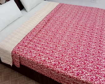 Floral Kantha Quilt Handmade Kantha Bedcover, Hand Block Floral Print Quilt Lightweight Kantha Throw, Pure Cotton Bedcover