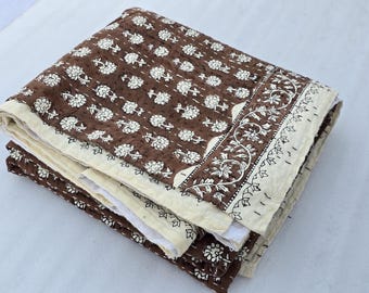 Brown Hand Block Floral Cotton Kantha Quilt – Lightweight Summer Bedding