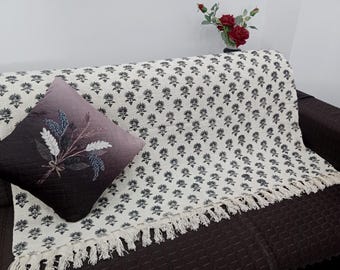 Premium Handmade Sofa Throw, Hand block Print Soft Cotton Blanket Room Décor Tassels Hand Loomed Lightweight Decorative Boho Bedding throw