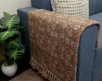 Luxury Handmade Sofa Throw, Block Print Cotton Throw Blanket Decor Tassels Hand Loomed Lightweight Woven Decorative Throw Housewarming Gift