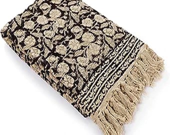 Hand Block Print Cotton Throw Blanket, Boho Decor with Tassels