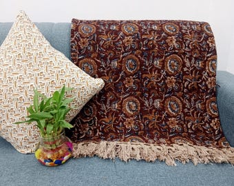 Premium Handmade Sofa Throw, Handblock Print Cotton Blanket, Lightweight Decorative Throw with Tassels, Hand Loomed for Sofa & Room Décor