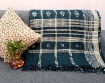 Indian Wool Throw Blanket - Handwoven Brown Decorative Sofa Throw, Room Décor, Boho Winter Quilts, Housewarming Gifts , One side Bordered