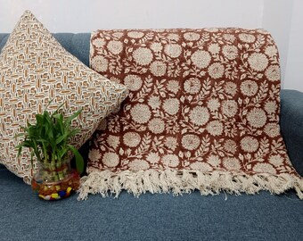 Premium Handmade Sofa Throw, Handblock Print Cotton Blanket, Lightweight Decorative Throw with Tassels, Hand Loomed for Sofa & Room Décor
