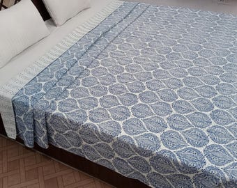 Blue Floral Kantha Quilt Handmade Kantha Bedcover, Hand Block Floral Print Quilt Lightweight Kantha Throw, Pure Cotton Bedcover