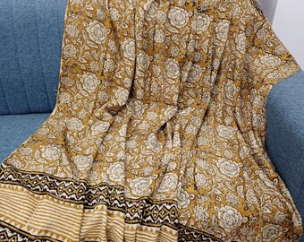 Hand Block Print Cotton Throw Blanket, Boho Tassels pillows and throw blankets