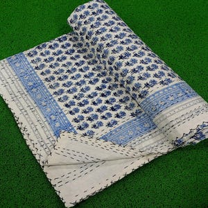 Indian Floral Kantha Bedding Hand Block Floral Print Kantha Throw Queen Quilt Cotton Light Weight Quilt Blanket flower Bedspread Floral