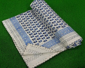 Indian Floral Kantha Bedding Hand Block Floral Print Kantha Throw Queen Quilt Cotton Light Weight Quilt Blanket flower Bedspread Floral