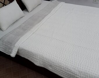Reversible Organic Cotton Kantha Quilt, Handmade Indian Solid Quilt,Soft Winter Bedding,Queen Size Blanket, Eco-Friendly Cozy Throw for Home