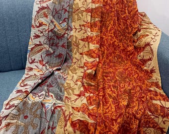 Premium Handmade Sofa Throw, Hand block Print Soft Cotton Blanket Room Décor Tassels Hand Loomed Lightweight Decorative Boho Bedding throw