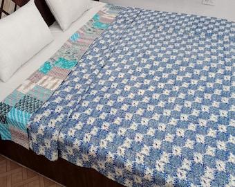 Reversible Patchwork Floral Reversible Kantha Bedding Floral Print Kantha Throw Queen Quilt Cotton Light Weight Winter Summer bedding