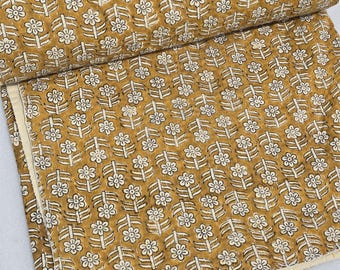 Mustard Floral Block Print Kantha Quilt Bedspread – Hand Stitched Cotton Throw Blanket