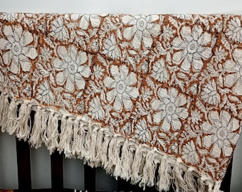 Handblock Print Cotton Throw Blanket with Tassels