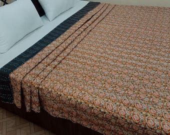 Handmade Kantha Bedcover Bedding Quilt Hand Block Floral Design Handblock Floral Print Kantha Throw Quilt Light Weight Block print quilt