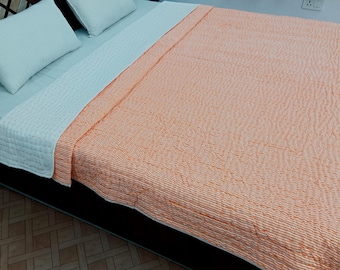 Reversible Organic Cotton Kantha Quilt, Handmade Indian Solid Quilt,Soft Winter Bedding,Queen Size Blanket, Eco-Friendly Cozy Throw for Home