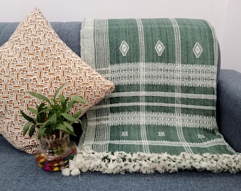 Indian Wool Throw Blanket, Handwoven Sofa Bobo Throw Designer Decorative Blanket for Living Room, Cottage Décor Gift For Home Decor