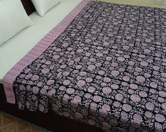 Kantha Bedcover Bedding Quilt Hand Block Floral Design Handblock Floral Print Kantha Throw Quilt Light Weight Block Print Quilted