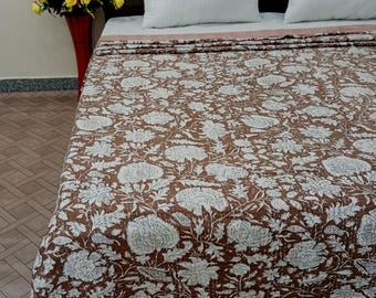 Indian Handmade Kantha Quilt Bedspread | Cotton Blanket Gudari Queen Bedcover | Natural Color Kantha Throw Cozy Bedding Valentine’s Day Gift