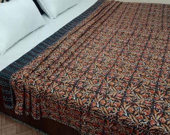 Handmade Kantha Bedcover Bedding Quilt Hand Block Floral Design Handblock Floral Print Kantha Throw Quilt Light Weight Block print quilt