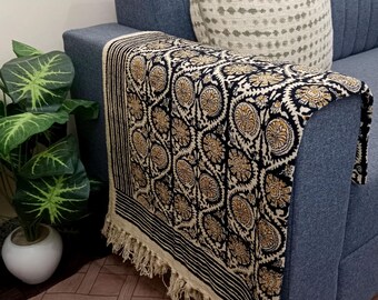 Luxury Valentine's Day Gift, Handmade Block Print Cotton Throw Blanket, Lightweight Woven Sofa Throw with Tassels, Boho Home & Room Décor
