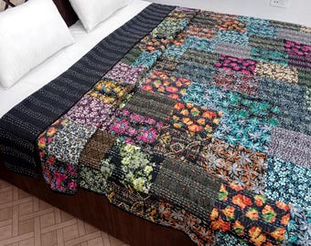Patchwork Floral Kantha Bedding Floral Print Kantha Throw Queen Quilt Cotton Light Weight Winter Summer Vintage Blanket Bedding Bedspread